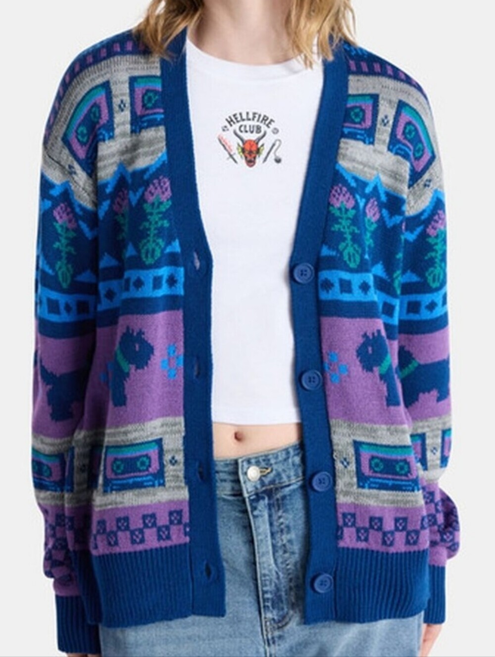 Netflix Stranger Things Sz S Womens Slouchy Cardigan New Boundaries Dog Tapes